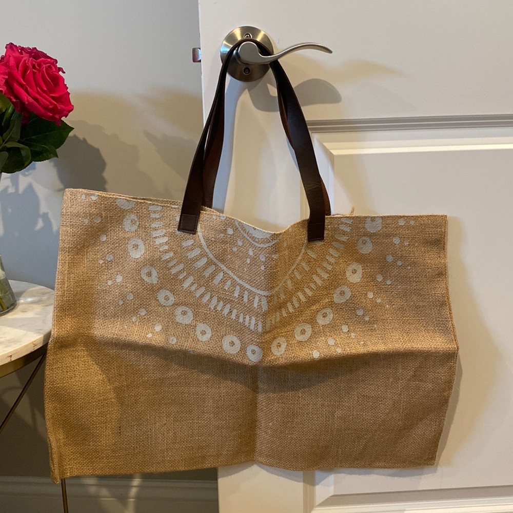 Jute Tote Bag with Leather Handles